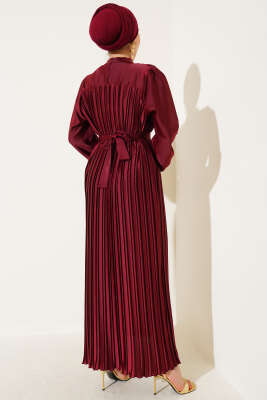 Boydan Pileli Saten Elbise Bordo - Tesettür Elbise