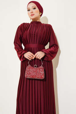 Boydan Pileli Saten Elbise Bordo - Tesettür Elbise