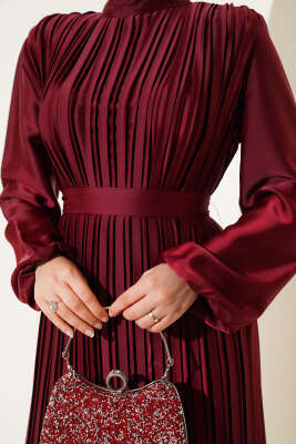 Boydan Pileli Saten Elbise Bordo - Tesettür Elbise