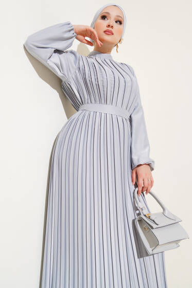 Boydan Pileli Saten Elbise Gri - Elbise