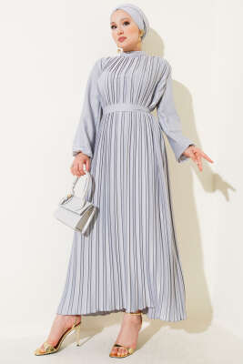 Boydan Pileli Saten Elbise Gri - Tesettür Elbise