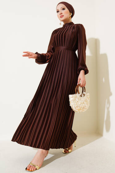 Boydan Pileli Saten Elbise Kahve - Elbise