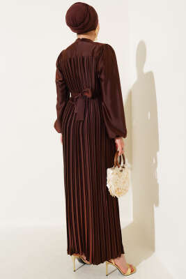 Boydan Pileli Saten Elbise Kahve - Tesettür Elbise