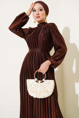 Boydan Pileli Saten Elbise Kahve - Tesettür Elbise