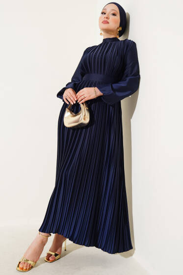 Boydan Pileli Saten Elbise Lacivert - Elbise