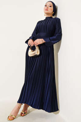 Boydan Pileli Saten Elbise Lacivert 