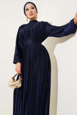 Boydan Pileli Saten Elbise Lacivert - Tesettür Elbise