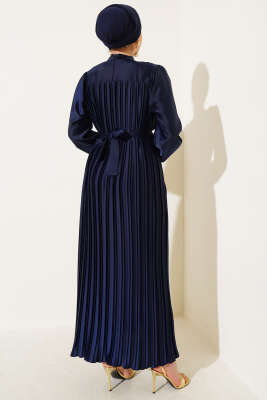 Boydan Pileli Saten Elbise Lacivert - Tesettür Elbise