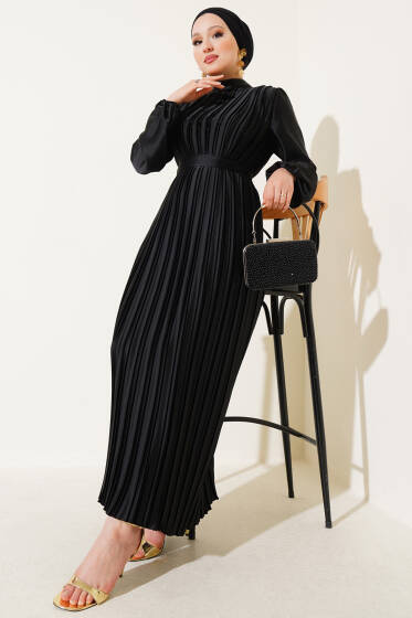 Boydan Pileli Saten Elbise Siyah - Elbise