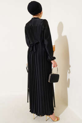 Boydan Pileli Saten Elbise Siyah - Tesettür Elbise