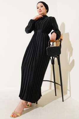 Boydan Pileli Saten Elbise Siyah - Tesettür Elbise