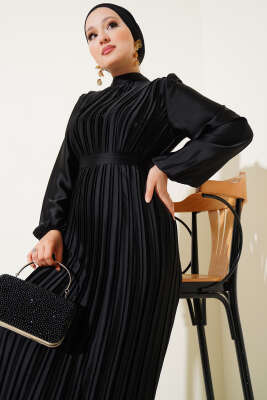 Boydan Pileli Saten Elbise Siyah - Tesettür Elbise