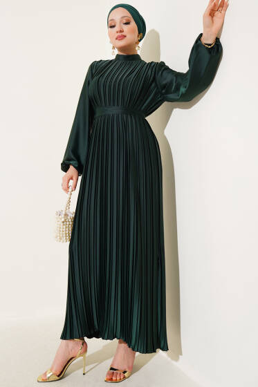 Boydan Pileli Saten Elbise Zümrüt Yeşili - Elbise