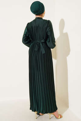 Boydan Pileli Saten Elbise Zümrüt Yeşili - Tesettür Elbise