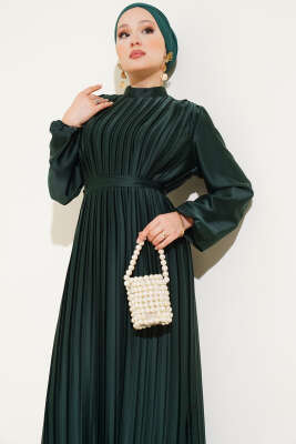 Boydan Pileli Saten Elbise Zümrüt Yeşili - Tesettür Elbise