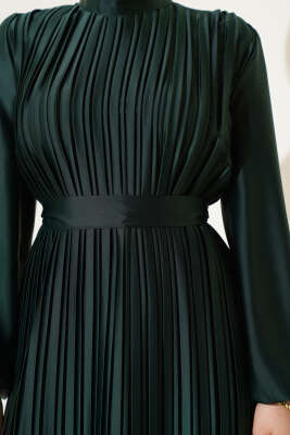 Boydan Pileli Saten Elbise Zümrüt Yeşili - Tesettür Elbise