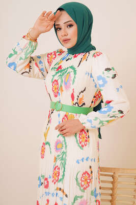 Boydan Piliseli Şifon Elbise Çağla Yeşili - Thumbnail