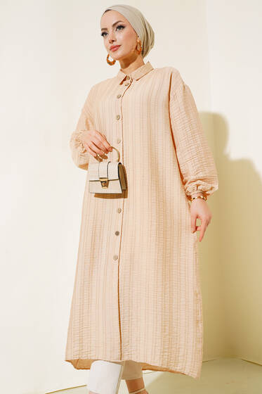 Boydan Tahta Düğmeli Uzun Tunik Bej - Tunik