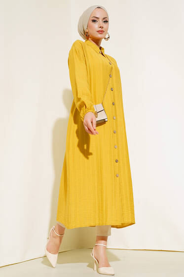 Boydan Tahta Düğmeli Uzun Tunik Hardal - Tunik