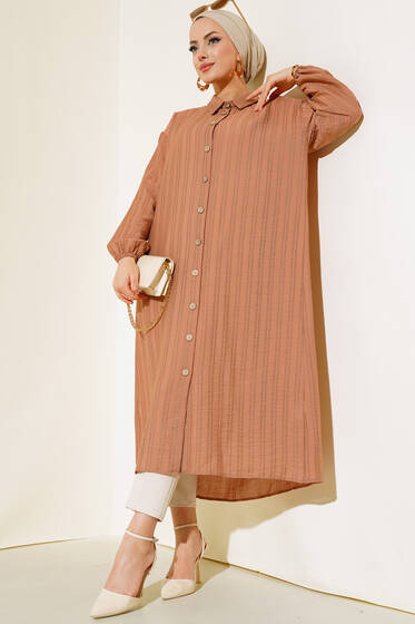 Boydan Tahta Düğmeli Uzun Tunik Latte - Tunik