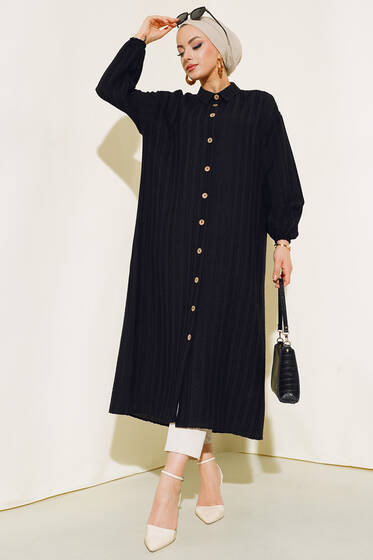 Boydan Tahta Düğmeli Uzun Tunik Siyah - Tunik