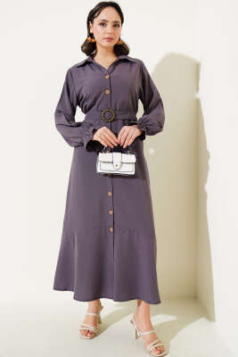 Boydan Tahta Düğmeli Kuşaklı Tensel Elbise Füme - Tesettür Elbise