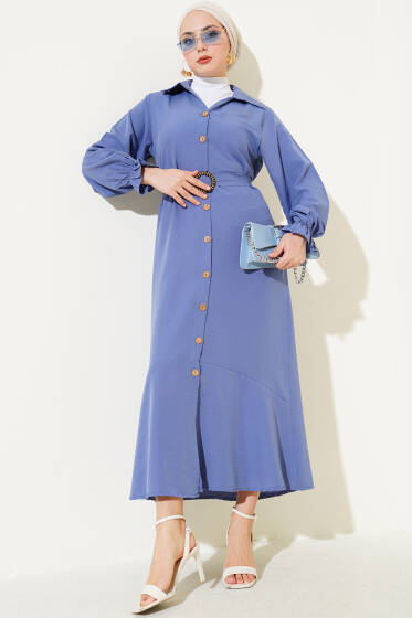 Boydan Tahta Düğmeli Kuşaklı Tensel Elbise İndigo - Elbise