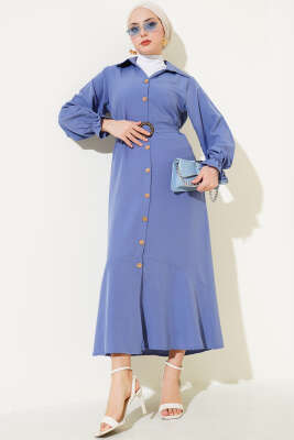 Boydan Tahta Düğmeli Kuşaklı Tensel Elbise İndigo - Tesettür Elbise