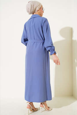 Boydan Tahta Düğmeli Kuşaklı Tensel Elbise İndigo - Tesettür Elbise