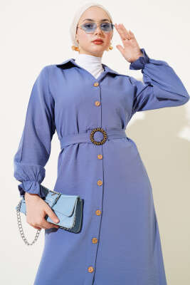 Boydan Tahta Düğmeli Kuşaklı Tensel Elbise İndigo - Tesettür Elbise