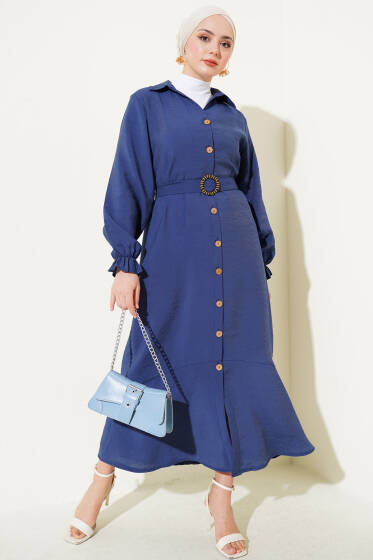 Boydan Tahta Düğmeli Kuşaklı Tensel Elbise Mavi - Elbise