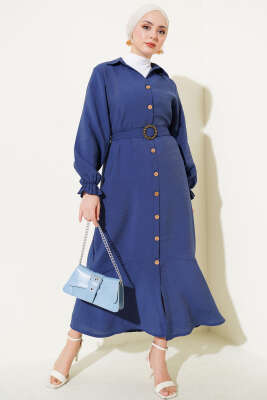 Boydan Tahta Düğmeli Kuşaklı Tensel Elbise Mavi 