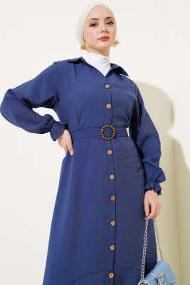 Boydan Tahta Düğmeli Kuşaklı Tensel Elbise Mavi - Tesettür Elbise
