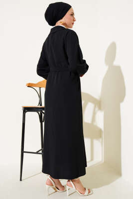 Boydan Tahta Düğmeli Kuşaklı Tensel Elbise Siyah - Tesettür Elbise