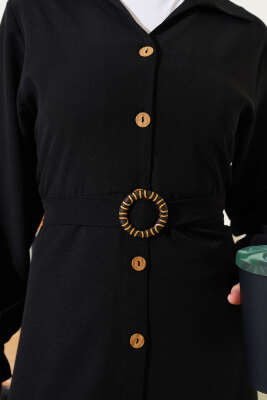 Boydan Tahta Düğmeli Kuşaklı Tensel Elbise Siyah - Tesettür Elbise