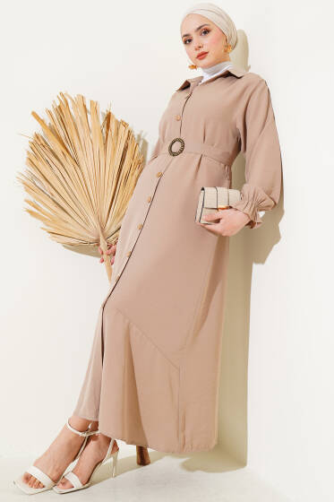 Boydan Tahta Düğmeli Kuşaklı Tensel Elbise Vizon - Elbise