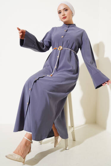 Boydan Tahta Düğmeli Tensel Elbise Füme - Elbise