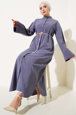 Boydan Tahta Düğmeli Tensel Elbise Füme - Tesettür Elbise