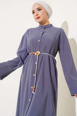 Boydan Tahta Düğmeli Tensel Elbise Füme - Tesettür Elbise
