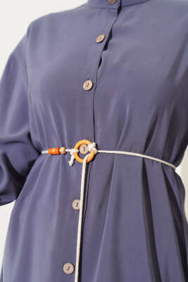 Boydan Tahta Düğmeli Tensel Elbise Füme - Tesettür Elbise