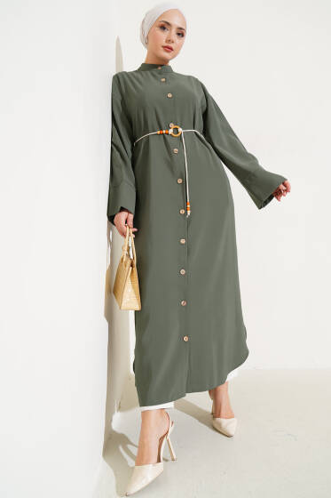 Boydan Tahta Düğmeli Tensel Elbise Haki - Elbise