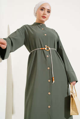 Boydan Tahta Düğmeli Tensel Elbise Haki - Tesettür Elbise