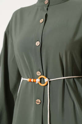 Boydan Tahta Düğmeli Tensel Elbise Haki - Tesettür Elbise