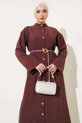 Boydan Tahta Düğmeli Tensel Elbise Kahve - Tesettür Elbise