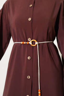 Boydan Tahta Düğmeli Tensel Elbise Kahve - Tesettür Elbise