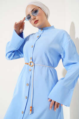 Boydan Tahta Düğmeli Tensel Elbise Mavi - Tesettür Elbise