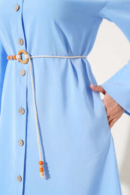 Boydan Tahta Düğmeli Tensel Elbise Mavi - Tesettür Elbise
