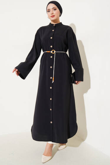 Boydan Tahta Düğmeli Tensel Elbise Siyah - Elbise