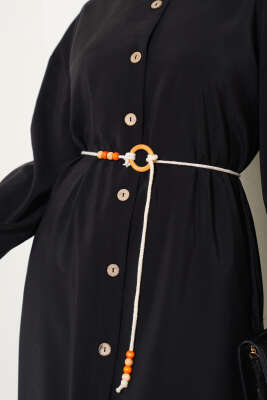 Boydan Tahta Düğmeli Tensel Elbise Siyah - Tesettür Elbise