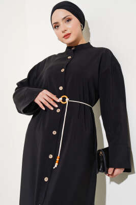 Boydan Tahta Düğmeli Tensel Elbise Siyah - Tesettür Elbise
